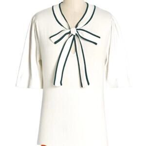 Modcloth Retro Inspired Cream and Green Bow Thyself Neck Tie Knit Top XL NWT
